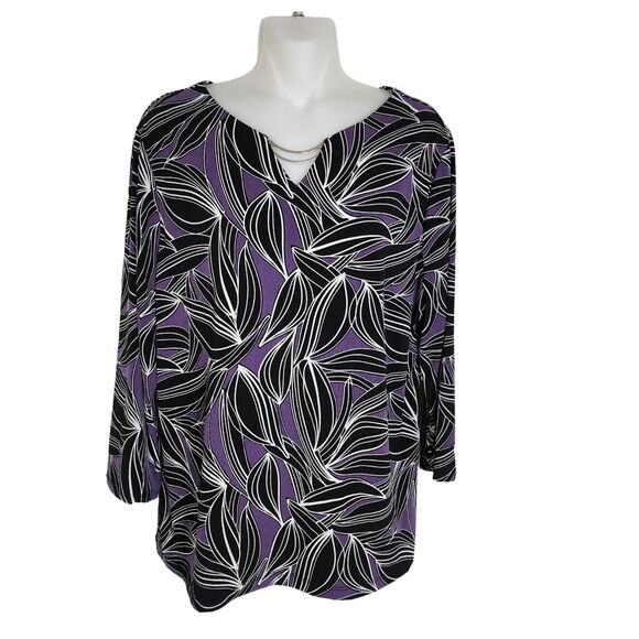 Chico's Easywear Womens Top Size 2 Large Leafy Lines Double Bar Tee 3/4 Sleeve - Picture 1 of 10